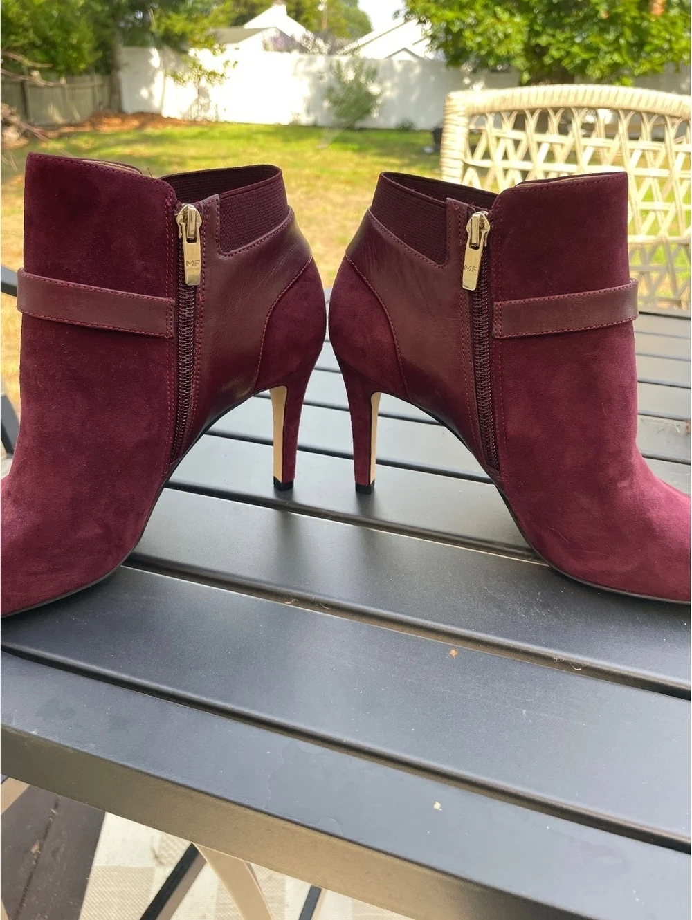 Marc Fisher Women's Burgundy Suede Peep Toe Ankle Boots with Buckle and Stiletto